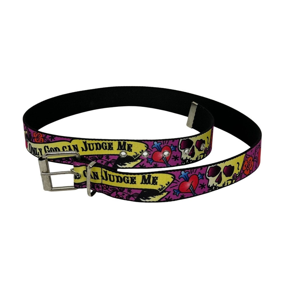 VTG‎ Unbranded Web Belt Purple Only God Can Judge Me Skulls Hearts Goth Emo M/L
